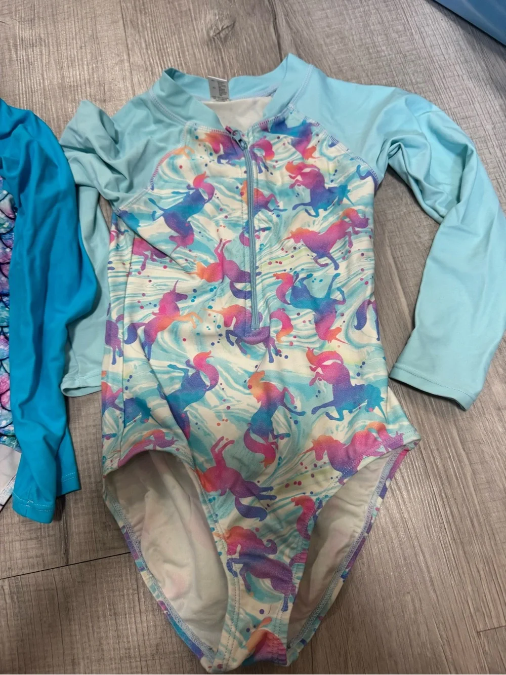 Kids Long-Sleeve Mermaid & Unicorn One-Piece Swimsuits - Turquoise & Multicolor
